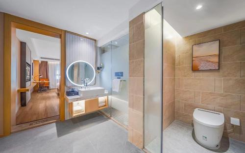 昆明维也纳国际昆明龙泉路财大酒店的一间带卫生间、水槽和镜子的浴室