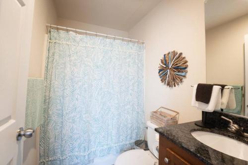 圣路易斯-奥比斯保2 Bedroom Coastal Home in SLO的浴室配有蓝色的浴帘和卫生间
