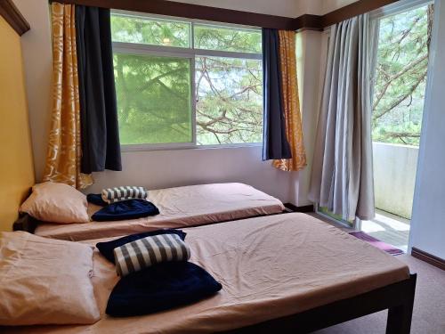 碧瑶Haven Haus with Mountain View的带2扇窗户的客房内的2张床