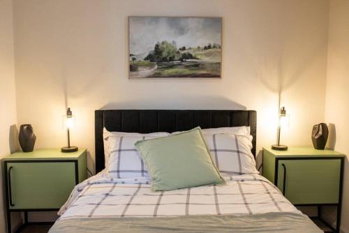 圣路易斯-奥比斯保Modern 2-Bedroom Eucalyptus House的一间卧室配有一张床、两个床头柜和两盏灯。