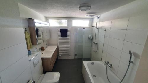 克罗伊茨林根COSI - Komfortables Privatzimmer mit grosser Terrasse und Parkplatz的带淋浴、卫生间和盥洗盆的浴室