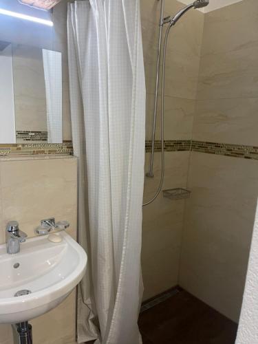 瓦森Hotel Krone的带淋浴和盥洗盆的浴室