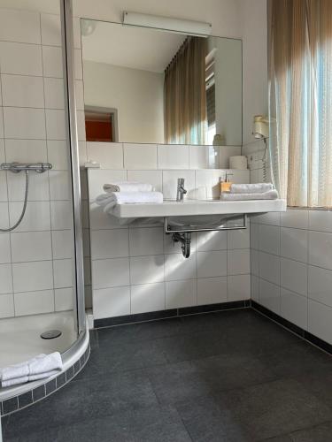 格雷文Hotel-Restaurant Schraeder的一间带水槽和镜子的浴室