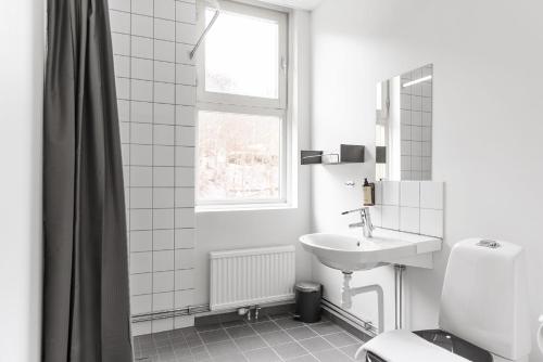 JonseredGibsons Hotell的白色的浴室设有水槽和窗户。