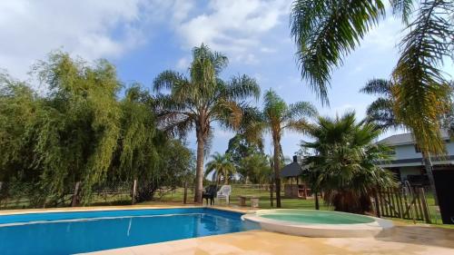 科隆Cabañas del Paraiso的棕榈树屋前的游泳池