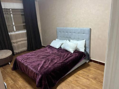 特莱姆森Très belle F3 près du boulvard的一间卧室配有一张带紫色毯子和枕头的床。