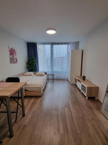 布拉格Comfort flat with great location的一间卧室配有一张床、一张桌子和一张书桌