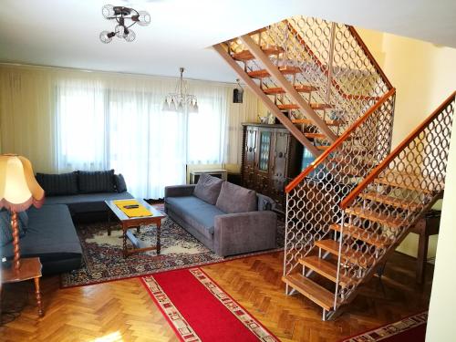 塞格德3 Tó Sziki Szálló的客厅设有螺旋楼梯和沙发