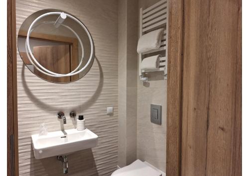 马佐夫舍地区新庄园Hotel Mazovia Airport Modlin的一间带水槽、镜子和卫生间的浴室