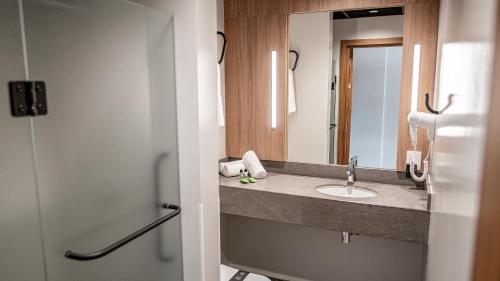 加里波第Plaza Hotel & Boulevard Convention - Vale dos Vinhedos的一间带水槽和镜子的浴室