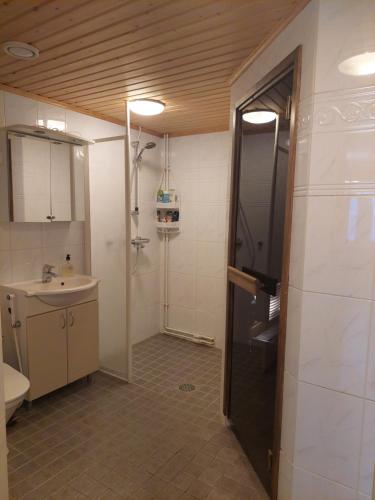 上维耶斯卡Asunto Rautatiekatu 4的带淋浴和盥洗盆的浴室
