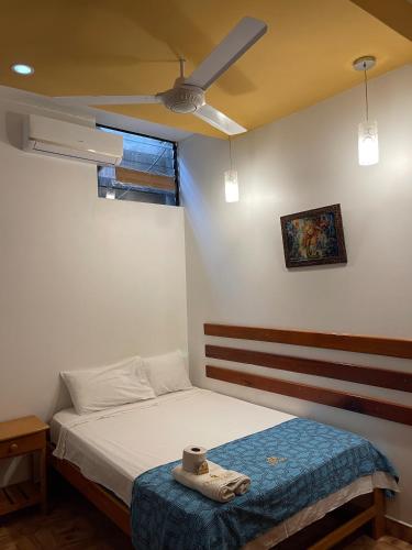马尔多纳多港Puerto candela的一间卧室配有一张床和吊扇