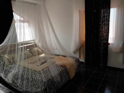 Baia das GatasVivenda Na Baia das Gatas的一间卧室配有一张带窗帘的床和窗户