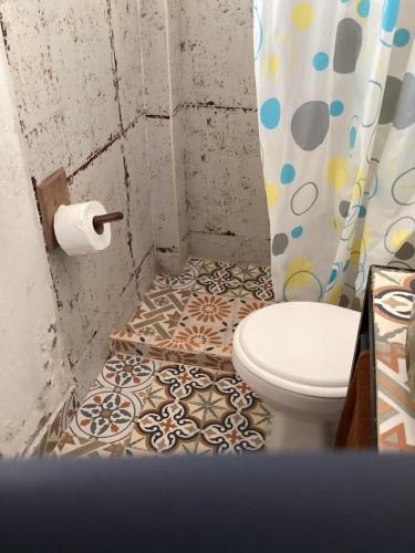 VillamaríaLas Hamacas (Hospedaje Rural)的一间带卫生间和淋浴帘的浴室