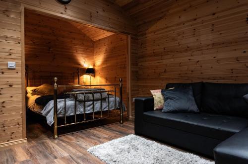 邓加文The Hen Harrier - 4 Person Luxury Glamping Cabin的一间卧室配有一张床和一个沙发
