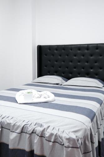 哈恩Hotel Casa Nova jaen的一张带蓝色和白色条纹毯子的床