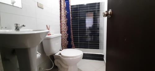 锡帕基拉Apartamentos Turisticos EL ZIPA的浴室配有卫生间、盥洗盆和淋浴。