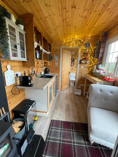 惠特比Keepers Shepherd hut with Hot Tub的一间带木制天花板和沙发的厨房(位于客房内)
