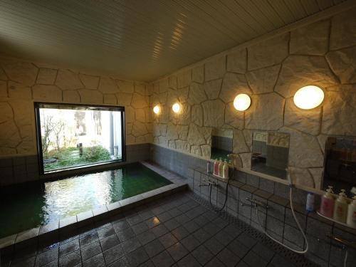 上野原市上野原阁路线酒店的一间带游泳池及窗户的浴室