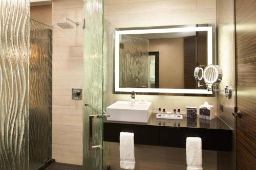 克利夫兰第9街大都会品牌系列酒店的一间带水槽和镜子的浴室