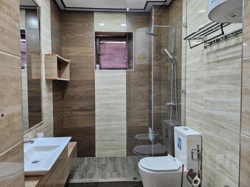 撒马尔罕Аппартаменты Rohat的浴室配有卫生间、盥洗盆和淋浴。