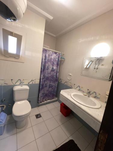 艾因苏赫纳Cozy chalet in a luxurious compound family only的一间带卫生间和水槽的浴室