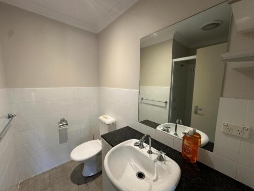 悉尼Elegant 2 Bedroom home close to city buz Bridge RD 2 E-Bikes Included的一间带水槽、卫生间和镜子的浴室