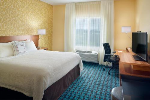 弗拉特罗克Fairfield Inn & Suites by Marriott Hendersonville Flat Rock的酒店客房配有一张床、一张书桌和一台电视。