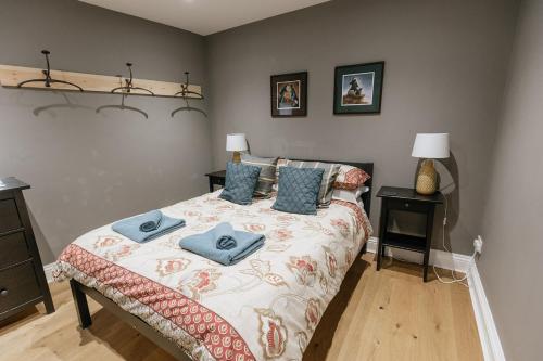 里士满DUNDAS COTTAGE - Beautiful Spacious 3 Bed Cottage in Richmond, North Yorkshire的一间卧室配有一张带蓝色枕头的床。