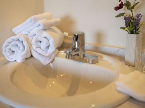 宇部宇部市新盖亚酒店的浴室水槽和毛巾