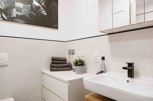 德绍Gropius的白色的浴室设有水槽和白色台面