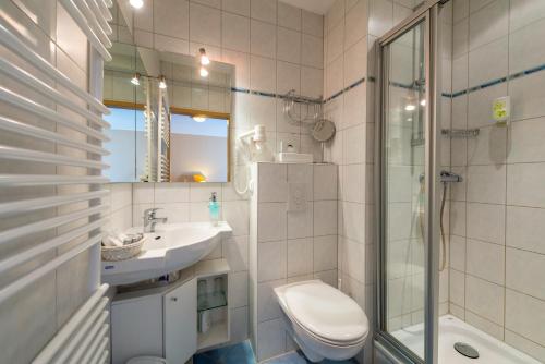 SalzhemmendorfWaldhotel Humboldt的浴室配有卫生间、盥洗盆和淋浴。