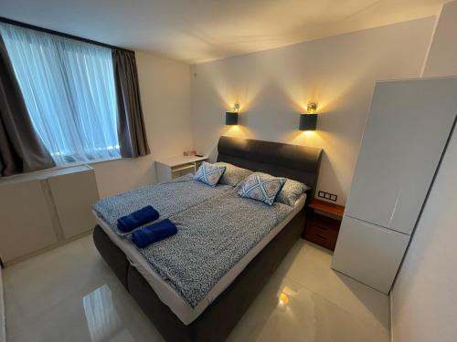巴拉顿诺尔马迪Luxury Apartments in Balatonalmádi, Almádi Lux Apartman I - Ocean Blue的一间卧室配有一张带两个蓝色枕头的床