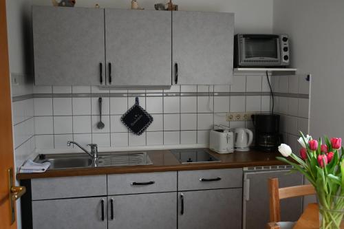 基尔Schönes Appartement in ruhiger Lage的厨房配有水槽和微波炉