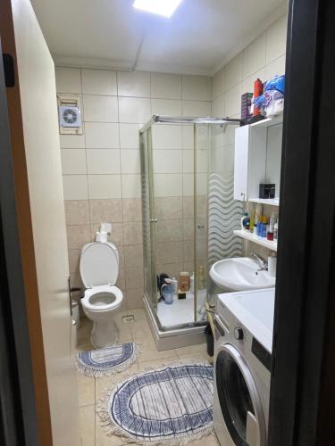 伊斯坦布尔Lüx 1+1 merkez de daire的浴室配有卫生间、盥洗盆和洗衣机。