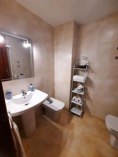 佩尼斯科拉Amplio apartamento céntrico的一间带水槽、卫生间和镜子的浴室