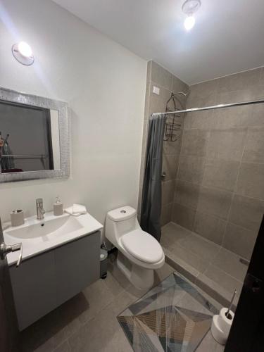 危地马拉Estadía Allison的浴室配有卫生间、盥洗盆和淋浴。