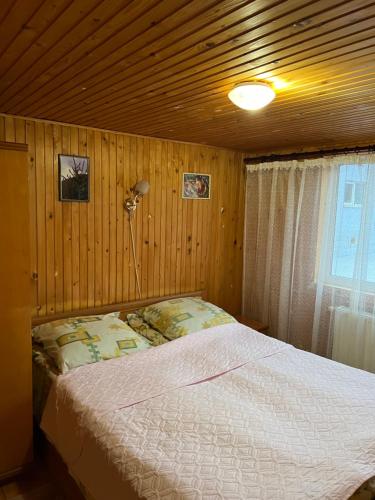 亚列姆切Cottage u Romana的卧室配有木墙内的一张床