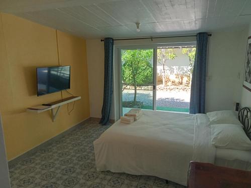 Mem Homestay的一间卧室设有一张床、一台电视和一个窗口。