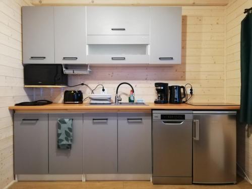 索克莱克Sowi Stok的厨房配有白色橱柜和不锈钢用具
