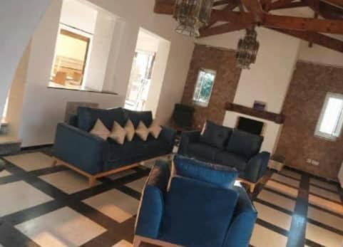 Bordj el BahriVilla Marame的客厅配有2张蓝色沙发和壁炉