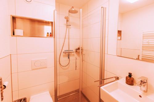 上施陶芬FeWo Allgäuzeit mit WLAN Oberstaufen Steibis的带淋浴、卫生间和盥洗盆的浴室