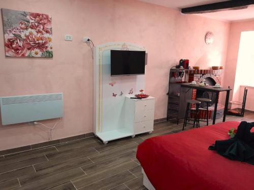 菲乌吉IL NIDO Suite的一间卧室配有一张床,墙上配有电视