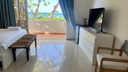 蓬塔露奇亚Blue Island Punta Rucia的一间卧室设有一张床、一台电视和一个窗口。