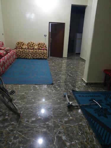 ‘Ezbet Abu ḤabashiSmall apartment in Egypt luxor West Bank without Home Home furnishings的客厅配有沙发和蓝色垫子,位于地板上