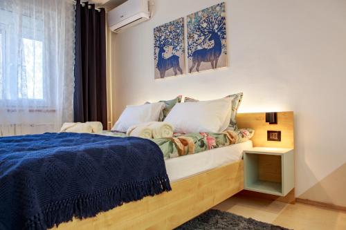 武科瓦尔Studio apartman D7的一间卧室配有一张带蓝色毯子的床