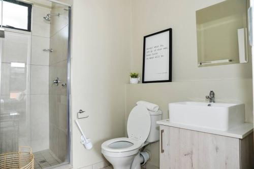 米德兰Cozy Hidden gem in Midrand的浴室配有卫生间、盥洗盆和淋浴。