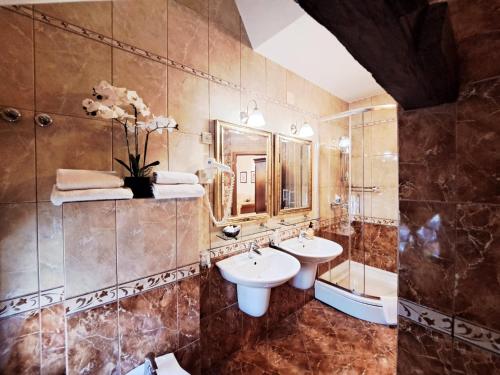 萨莫博尔Hotel Livadić的浴室设有2个盥洗盆、淋浴和镜子。