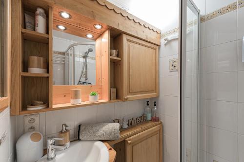 圣热尔韦莱班Ski ou Thermes? Un appt cabine avec vue magnifique的一间带水槽和淋浴的浴室