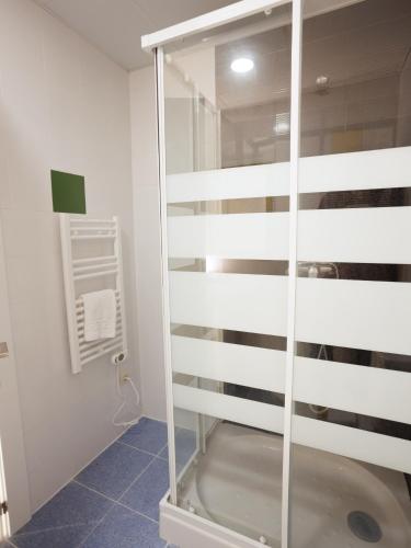 比亚努夫拉Habitación Villanubla的一间带卫生间的浴室内的玻璃淋浴间